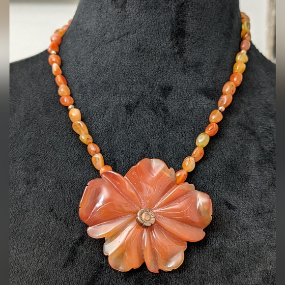 Hand Crafted Carved Carnelian Lotus Flower Necklace With Polished Carnelian Bead - Picture 1 of 9